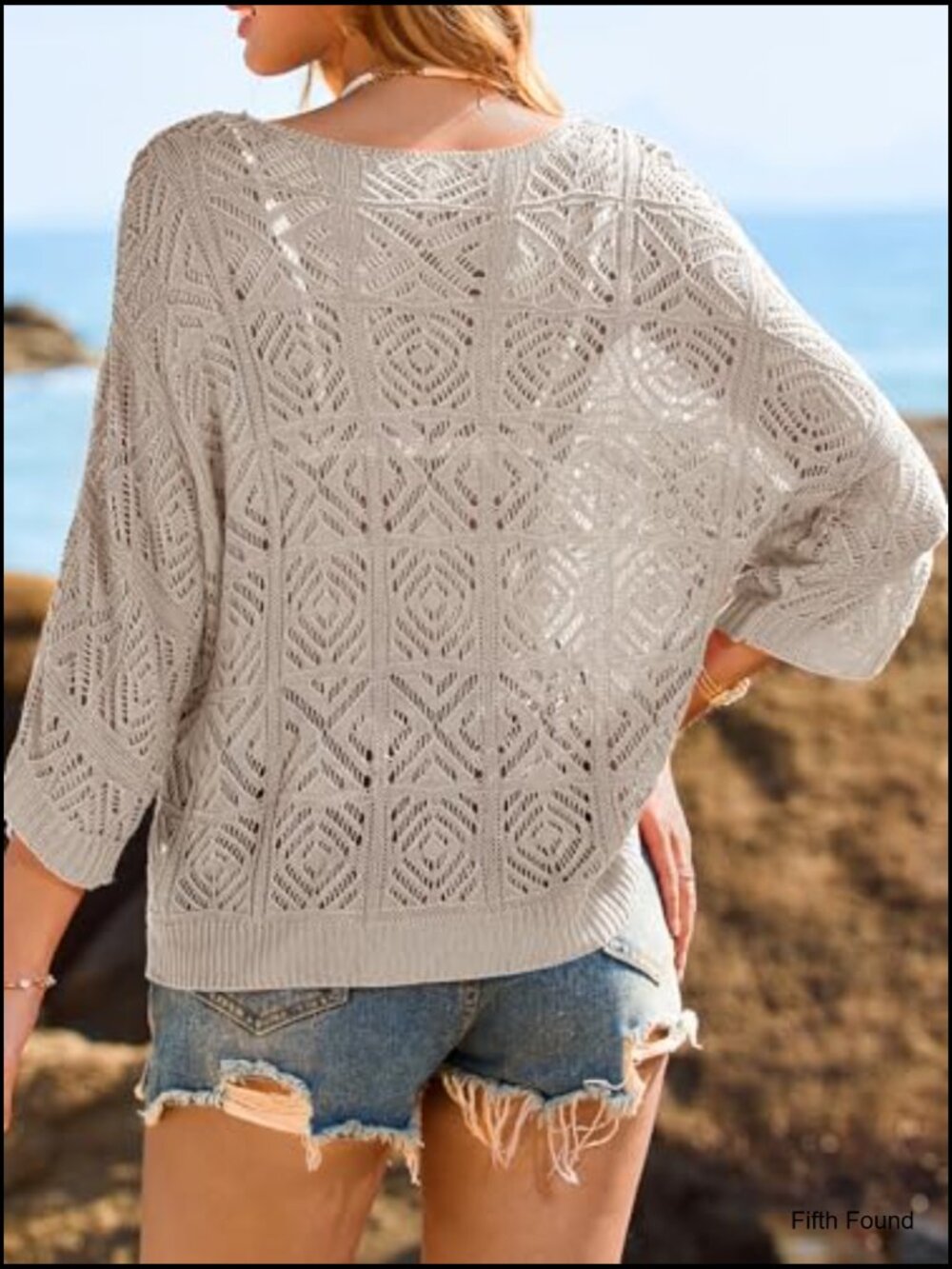 Off Shoulder Crochet Mesh Beach Cover Up Top 3/4 Sleeve Boho Swimwear - Picture 5 of 7